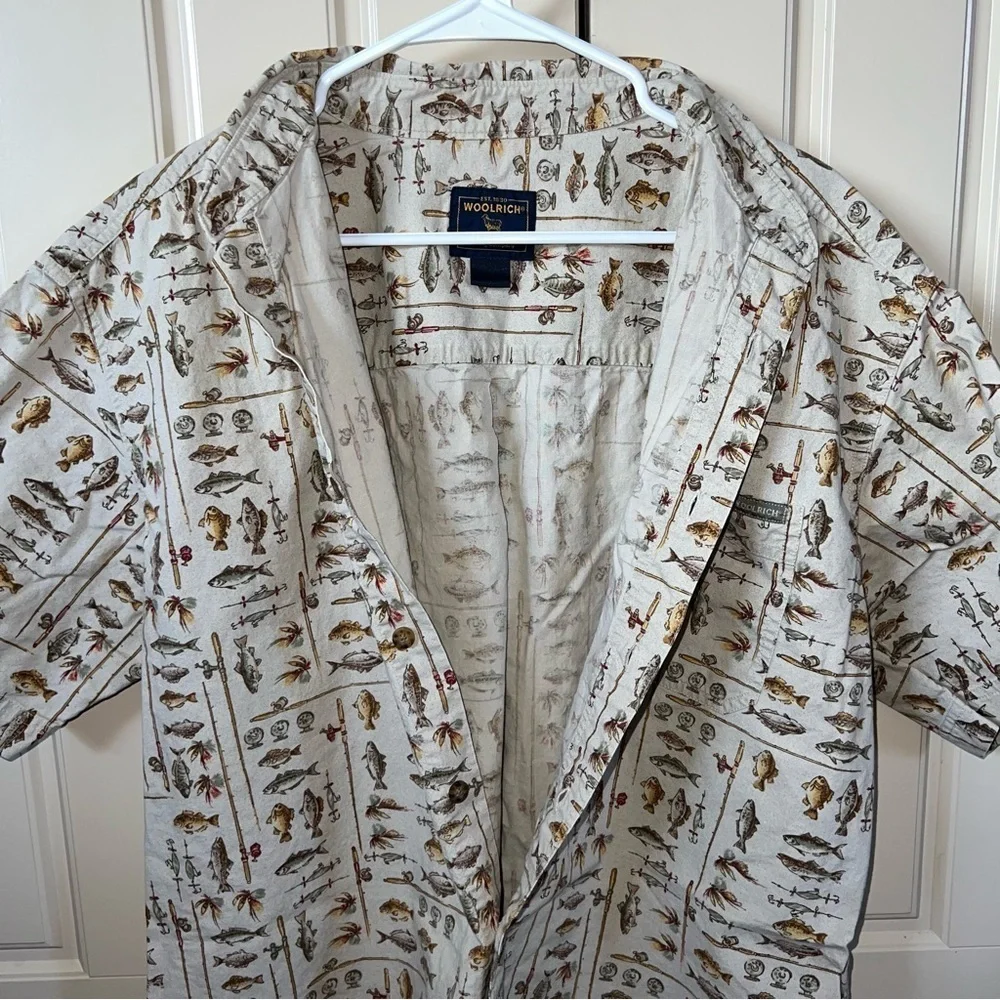 Woolrich Vintage Khaki Freshwater Fish Button Front Short Sleeve Shirt Size XL - Picture 11 of 12